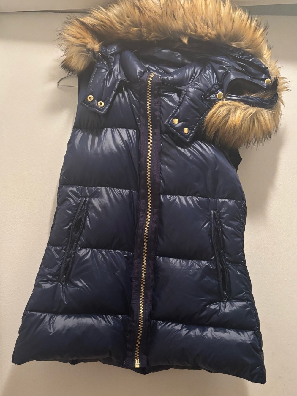 Vince Camuto Women’s Navy Puffer Vest with Faux Fur Hood